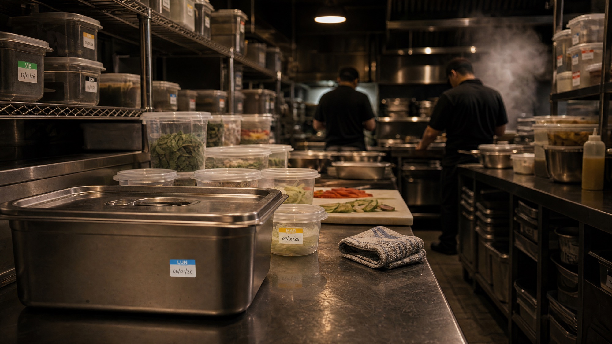 Equipo de cocina trabajando con contenedores etiquetados